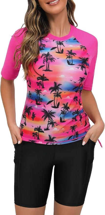 Tournesol Women's Two Piece Rash Guard Short Sleeve Swim Shirts UPF 50+ Built in Bra Swimsuit with Boyshorts with Pockets, Medium