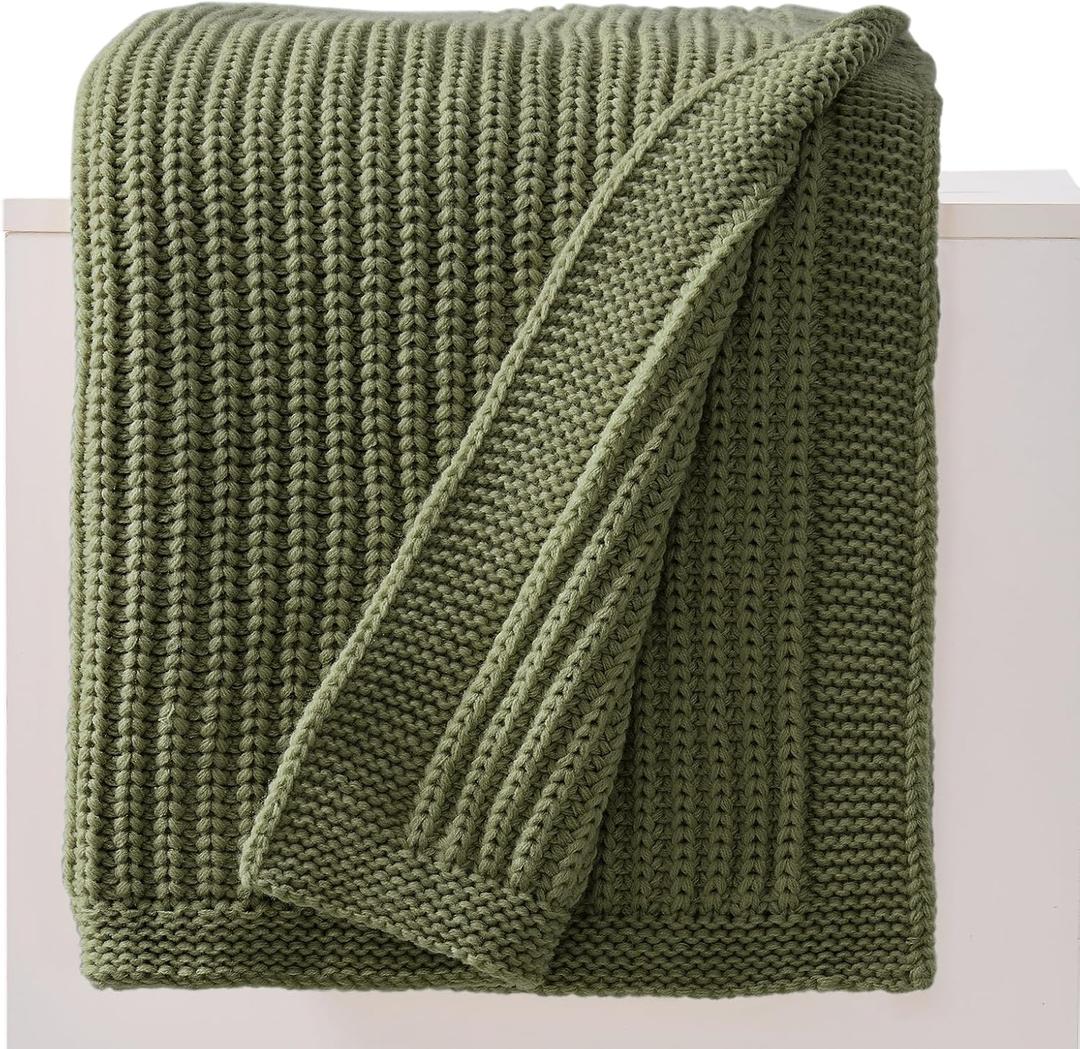 Chunky Knit Olive Green Throw Blanket 60"x80",Soft Cozy Knitted Blanket for Couch Sofa Bed, Cute Decorative Spring Throw for Living Room