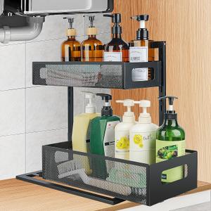 Under Sink Organizer, 2 Tier Kitchen Cabinet Organizer with Pull Out Drawer, Under Sink Storage for Bathroom Kitchen Closet - Black