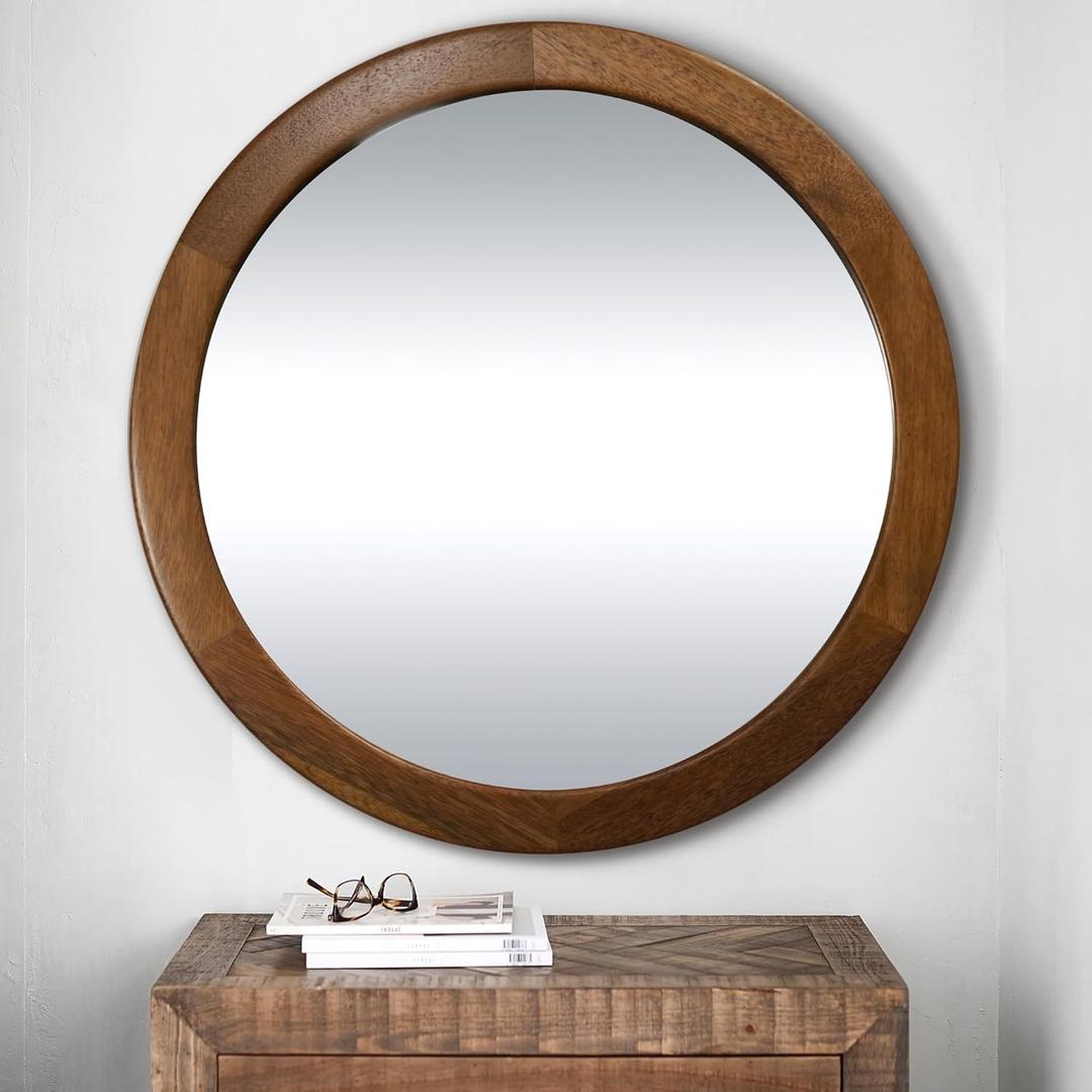 CULER Round Mirror 36 Inch,Wood Rustic Bathroom Tempered Wall Mirror with Walnut Frame,Farmhouse Wooden Vanity Circle Mirrors for Living Room,Entryway or BedroomWalnut Brown