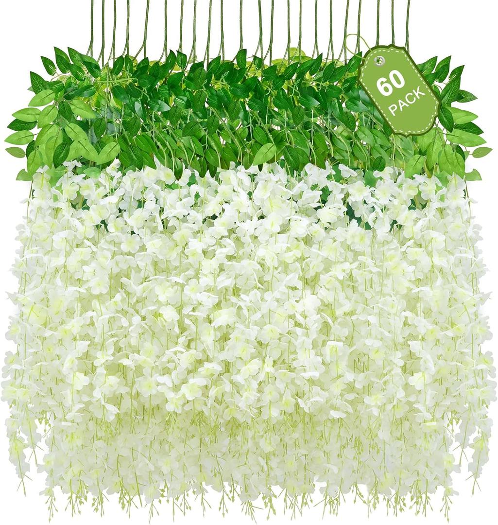60 Pack White Wisteria Hanging Flowers, Fake Hanging Flowers for Decoration, Artificial Hanging Flowers, Vines for Bedroom, Flower Garland for Home, Party, Garden, Wall, Wedding Decoration(3.6 Ft/Pcs)