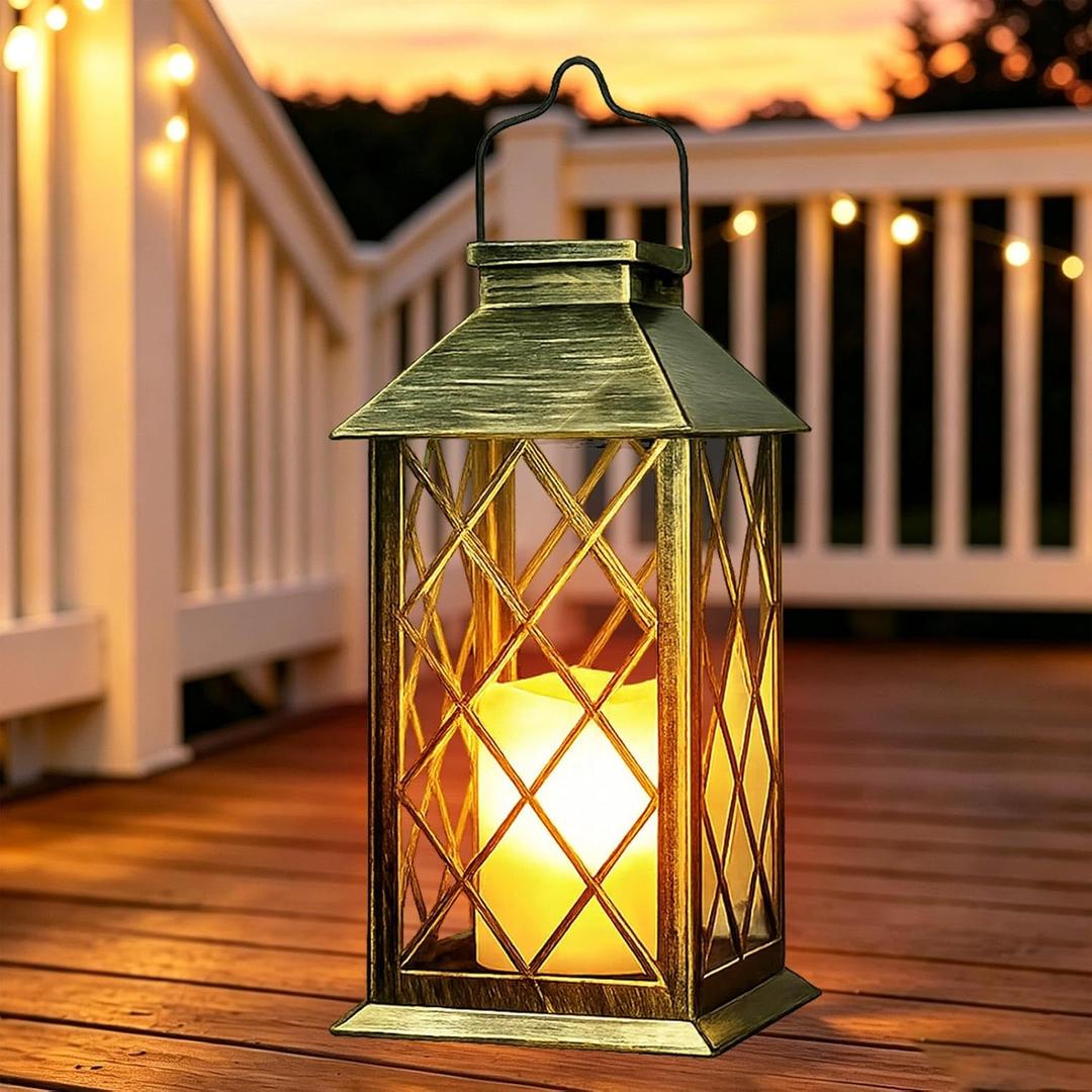 Outdoor Solar Lanterns 14'' Large Solar Lanterns Outdoor Waterproof, Bronze | 1 Pack Tempered Glass Outdoor Lanterns with Flameless Candles, Solar Lanterns Decorative for Patio Porch Garden Table Outside