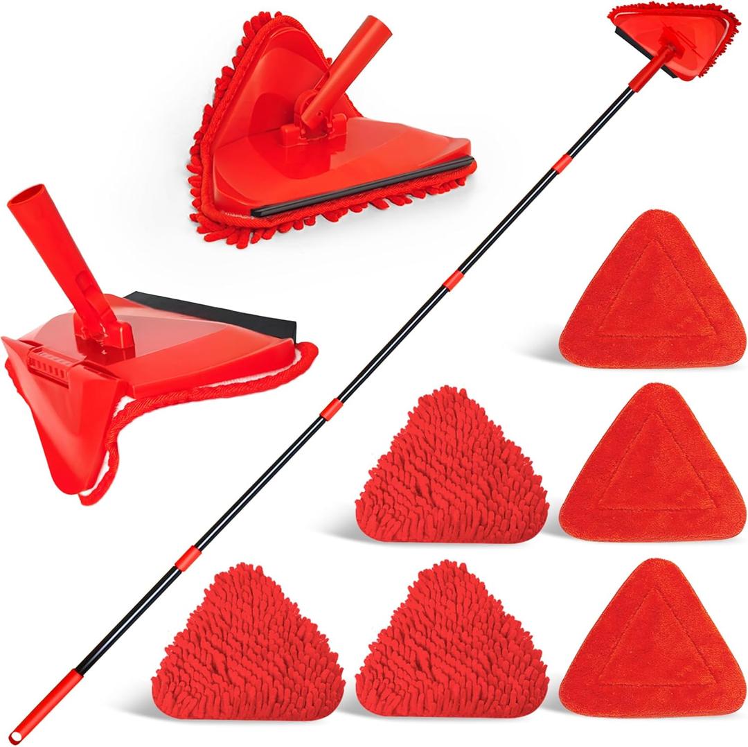 NEWE Wall Mop Cleaner, 80 inches Long Handle, 180 Folding Ceiling Cleaning Tool with Squeegee for Washing Painted Walls, Triangle Baseboard Scrubber with 3 Chenille Duster and 3 Microfiber Pads (Red)