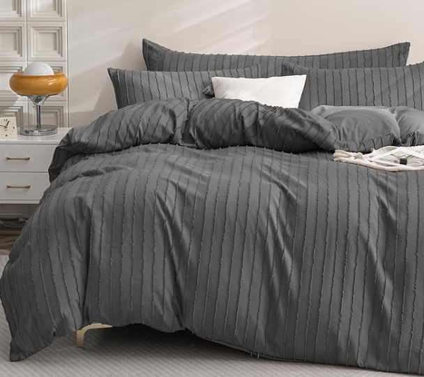 JELLYMONI Duvet Cover King Size Gray- 3PCS Boho Striped Duvet Cover Set Polyester Tufted Bohemian Textured Comforter Cover with Corner Ties & Zipper Closure (King(104"90"))