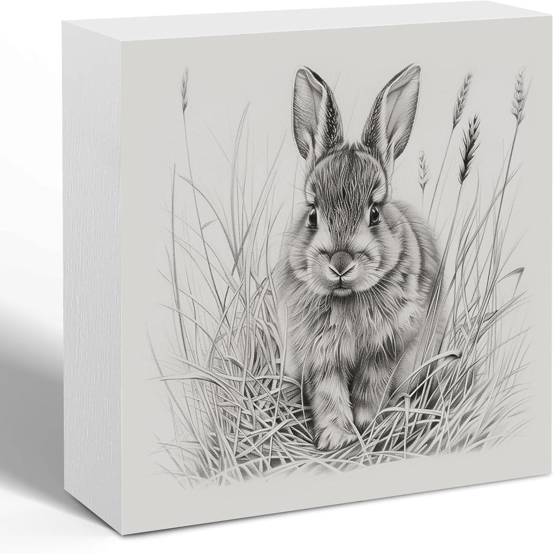 Vintage Easter Bunny Wooden Box Sign Desk Decor, Farmhouse Rustic Easter Rabbit Sketch Decorative Wood Signs for Home Office Desk Shelf Table Decorations, 5x5 Inch (Color 10)