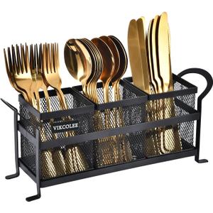 Kitchen Utensil Holder, Silverware Organizer Holder, Compact Metal Organizer for Flatware, Spoons, Forks, and Knives - 3 Separate Compartments Perfect for Kitchen Countertop- Black