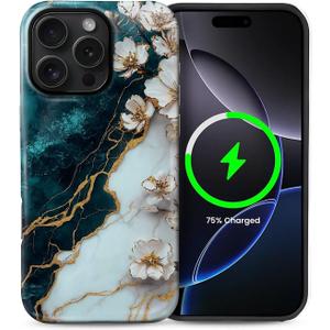 CARLOCA for iPhone 16 Pro Compatible with Magsafe Full Body Protective Glossy Case for Girl Boy Shockproof Magnetic Charge Esthetics Pattern Teal White Marble Flowers Stone