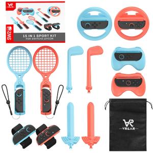 15-in-1 Accessories Kit Compatible with Nintendo Switch 2 Joy-Con, for Switch Sports, Mario Kart, Co-op Games, Includes Rackets, Golf Clubs, Swords, Steering Wheels, Controller Grips, Wristbands