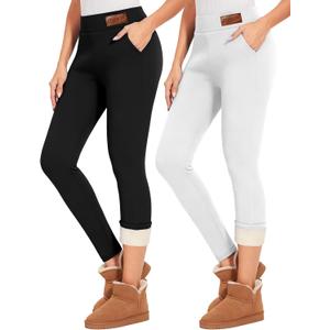 Coume 2 Pcs Women's Fleece Lined Leggings with Pockets Tummy Control High Waisted Thermal Leggings Winter Warm Yoga Pants (Black, White, S)