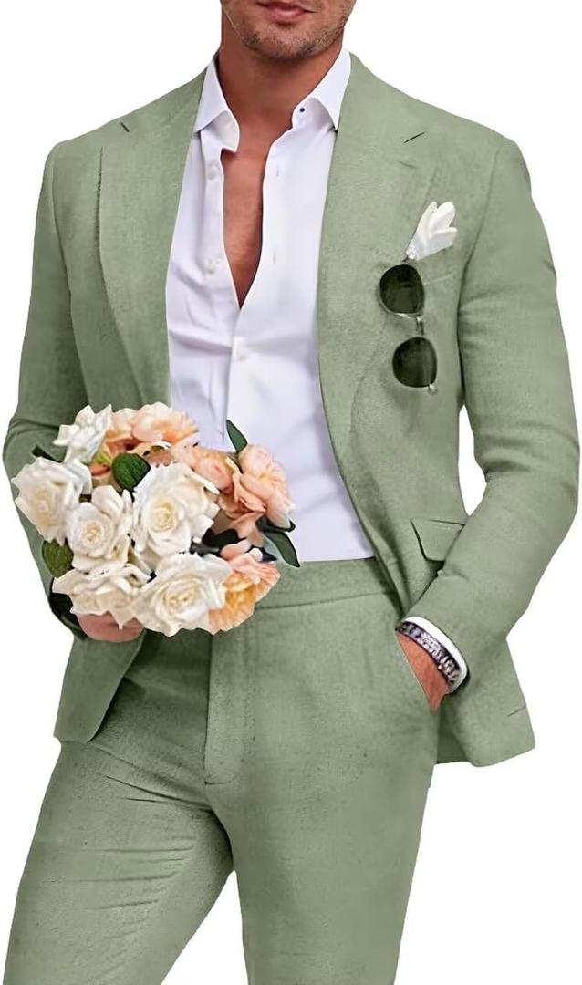 Men's Linen Suit 2 Piece Slim Fit Summer Beach Wedding Prom Party Breathable,Linen Blazer Suit Set,for Beach Weddings,Groom Wear,Prom and Outdoor Parties,Business Casual,Vacation Daily Wear 2XL