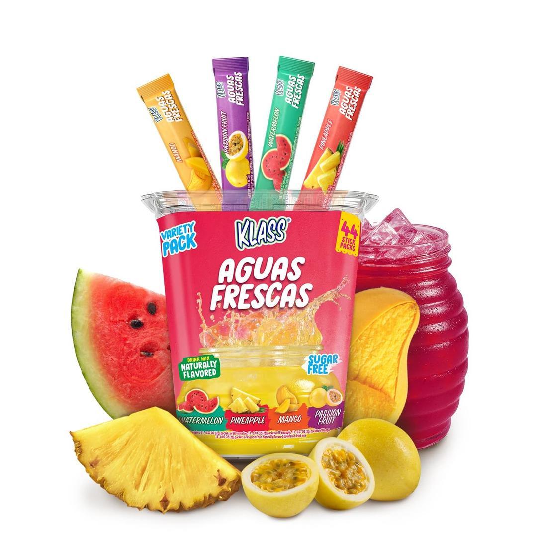 Klass Aguas Frescas Tropical Variety | Zero Sugar Drink Mix | 44 Sticks Natural flavors, only 5 calories per packet, caffeine free, mix of mango, watermelon, pineapple and passionfruit– Exp 11/05/27, 3pk