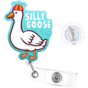 Silly Goose Blue Badge Reel with Swivel Alligator Clip ID Badge Holder Funny Glitter Badge Reel Retractable Clip for RN LPN CNA Nurse Doctor Assistant Medical Staff, Pack of 3