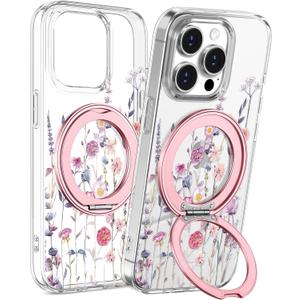 iPhone 15 Pro Max Case with Stand- Compatible with MagSafe Women Girls Cute Clear Girly Unique Design Soft TPU Magnetic Ring Phone Cover for Apple 15 Promax, Purple Flower