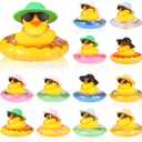 12 Set Mini Rubber Ducks Dashboard with Mini Swim Ring Sun Hat Necklace and Sunglasses, Yellow Duck Bath Ornaments for Car Decor Accessories
