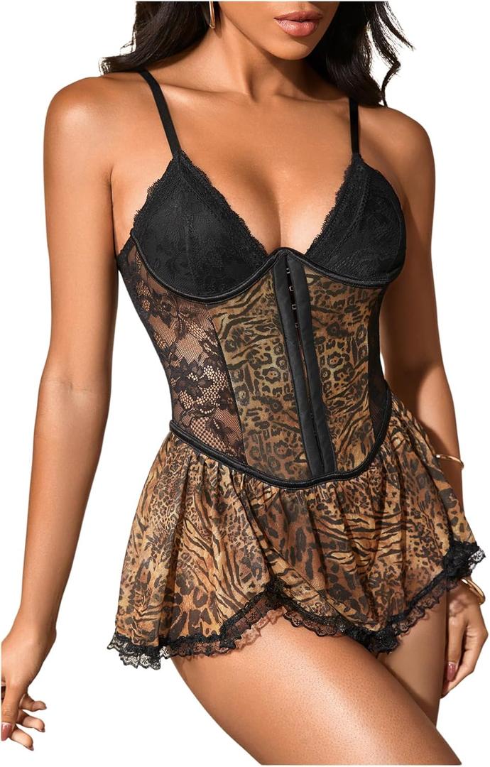 Floerns Women's Cheetah Corset Dress Sleeveless Asymmetrical Hem Floral Lace Mini Dress (Large, Khaki)