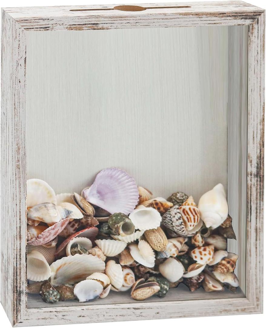 Small Shadow Box Seashell Collection White 8x10 Top Loading Display Case Frame with Slot, Movie Travel Sporting Events Concert Ticket Stubs Drink Beer Caps Memory Keepsake Box