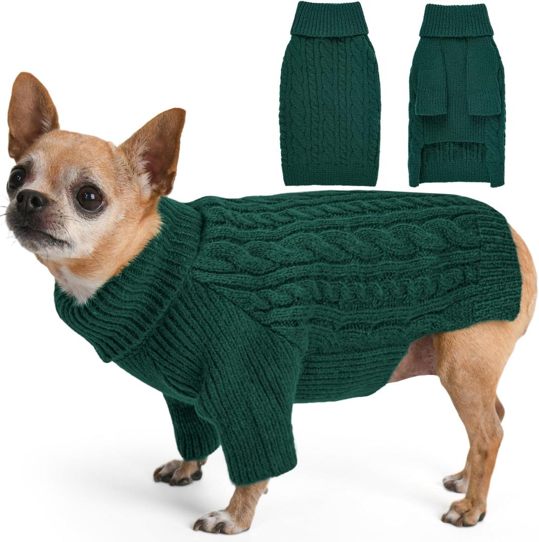 Dog Sweater for Small Dogs Boys Girls Puppy Turtleneck Pullover Cable Knit Winter Stretch Clothes Chihuahua Yorkie Toy Poodle Pomeranian Long Sleeves (XS, Green)