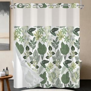 No Hook Shower Curtain with Snap in Liner, Tropical Green Leaf Shower Curtains for Bathroom, Botanical Waterproof Cloth Fabric with See Through Mesh Top Window, 71x74 Inch