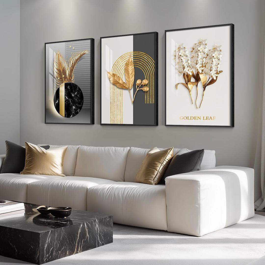Framed Modern Luxury Large Wall Art for Living Room, Set of 3 Piece Black White Gold Contemporary Abstract Paintings Artwork for Walls, Big Prints Pictures for Office Wall Decor -Total 30" x 60", 20" W x 30" H x 3Pcs