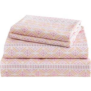 Boho Sheet 4 Pieces Queen Sheet Set Bohemian, Boho Sheets Soft Microfiber Deep Pocket, Western Sheets Geometric(Queen, Pastel Pink Geometric)