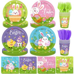 Easter Plates and Napkins, Colorful Bunny Egg Plates Napkins Cups Cute Rabbit Chicken Spring Paper Plates, Bunny Rabbit Disposable Easter Plates and Napkins for Happy Eater Decorations