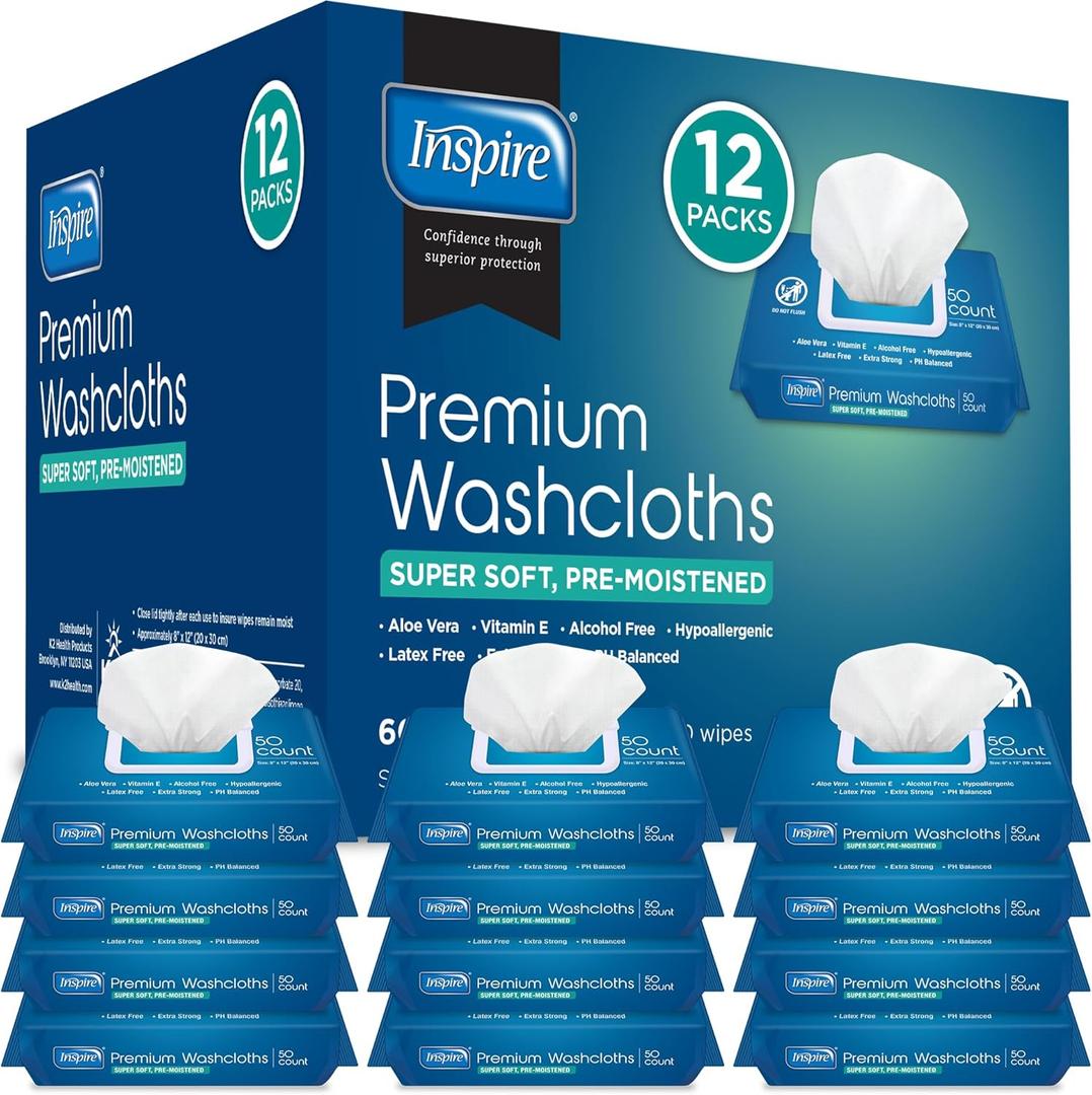 Inspire Adult Wet Wipes, Wash Cloths | Adult Wipes for Incontinence & Cleansing for Elderly, 8"x12" Count 12 packs of 50 (50 Count (Pack of 12))