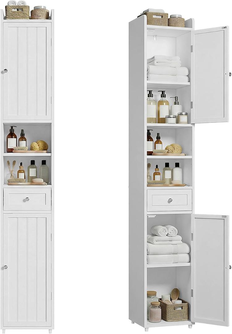 ChooChoo Bathroom Storage Cabinet with Adjustable Shelves, Tall Storage Cabinet with 2 Doors and 1 Drawer, Freestanding Cupboard for Small Spaces, White, 11.8 Inches Wide, 11.81"D x 11.81"W x 70.87"H