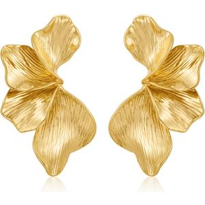 Chunky Gold Statement Earrings For Women Gold Plated Sectored Flower Leaf Shell Angel Wing Earrings Trendy Boho Jewelry For Women Large Stud Earrings Hypoallergenic Earrings Mothers Day Gifts