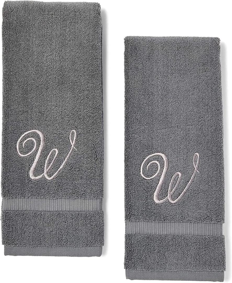 Juvale 2 Pack Letter W Monogrammed Hand Towels, Gray Cotton Hand Towels with Silver Embroidered Initial W for Wedding Gift, Bridal Shower, Baby Shower, Anniversary (16 x 30 Inches)