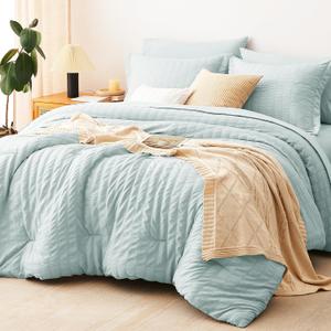 CozyLux Queen Comforter Set, 7 Pieces Ice Blue Seersucker Bed in a Bag