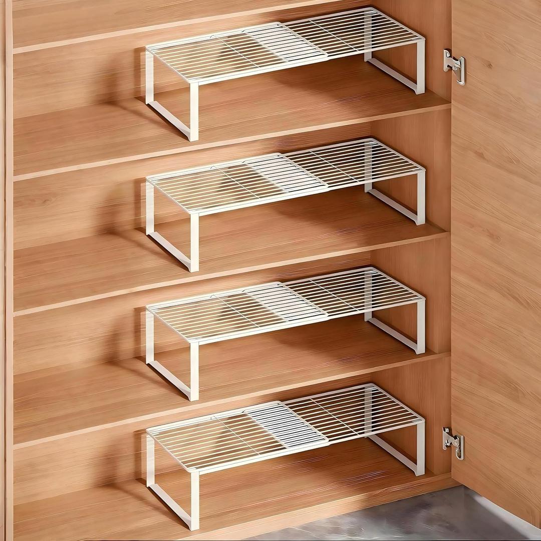 Multi-Functional Adjustable Metal Wire Shoe Rack Organizer - Stackable Shoe Storage for Closet, Extendable 15-24.4in, Retractable Entryway Shoe Cabinet Shelf (White, 4 Pack)