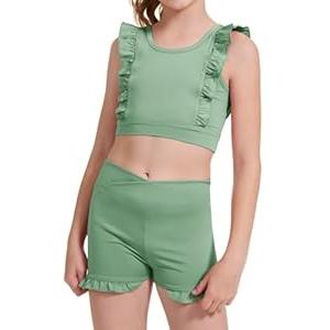 CharmWM Girls 2 Piece Outfits Athletic Ruffle V Crossover High Waisted Dance Shorts with Training Bra Crop Tank (7-8 Years, Green)