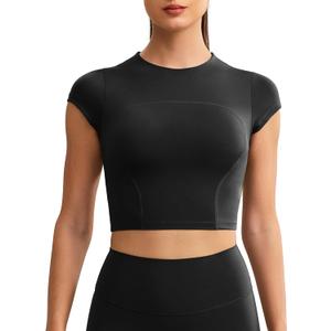 Workout Crop Tops for Women Yoga Short Sleeve Mild Support Slim Fit Cropped Athletic Shirts Gym Tee Built in Bra (Small, Black)