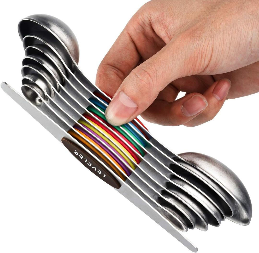 Magnetic Measuring Spoons Set of 8 Stainless Steel Dual Sided Stackable Measuring Spoons Nesting Teaspoons Tablespoons for Measuring Dry and Liquid Ingredients (Color)