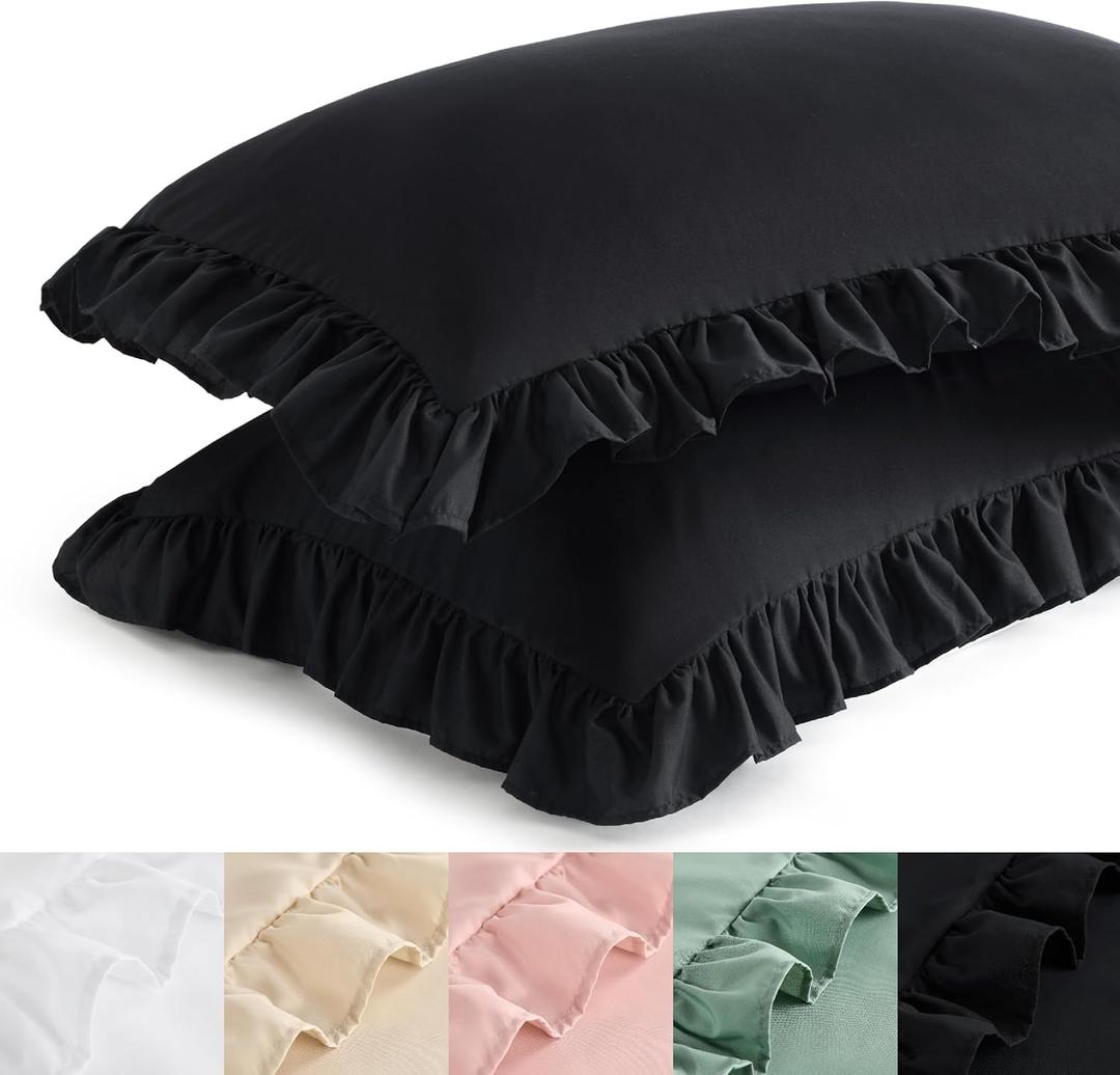Bedsure Black Ruffle Pillow Cases Queen Size, Ruffled Pillow Shams 2 Pack, Double Brushed Microfiber Ruffled Pillow Covers with Envelope Closure, 20" x 30"