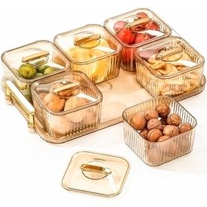 WUWEOT Nut and Candy Serving Tray, Divided Snack Serving Bowls, Plastic Compartment Appetizer Food Display Dish Platter with Lid Tray and Handle for Fruit Dessert Nuts Snacks Candy Chip Dip