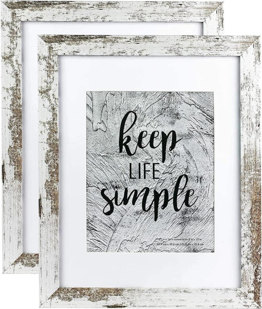 kennethan 11x14 Picture Frame Rotten White 2 Pcs in 1 set Wooden Frame can Display 8x10 Picture with Mat or 11x14 Without Mat on the Wall display for home decoration,holiday gift