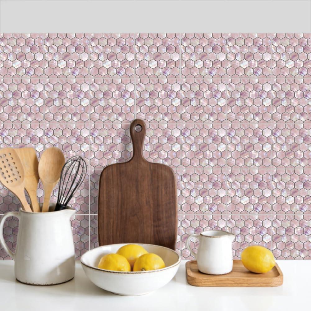 36pcs Modern Shell Tile Sticker Pink Peel and Stick Wall Tile Decals 4x4 in Self-Adhesive Removable Waterproof Vinyl Decals for Kitchen Bathroom Backsplash