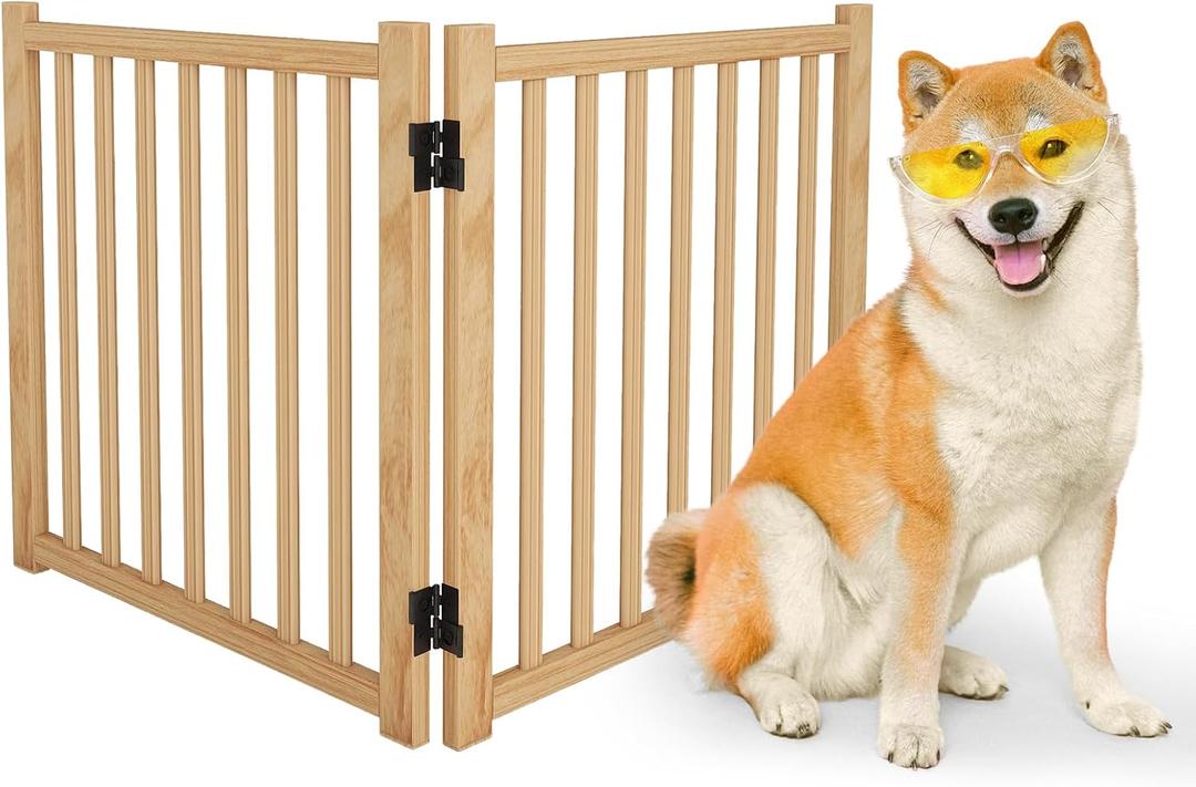 Wooden Freestanding Dog Gates, Foldable Wood Pet Gate Indoor, No-Painted Puppy Gate for Doorways, Stairs, 23" Height-2 Panels