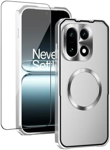 QUIETIP Magnetic Case for OnePlus 15 with Screen Protector,[Compatible with MagSafe] Metal Frame + Translucent Matte Drop Protection Cover,Silver
