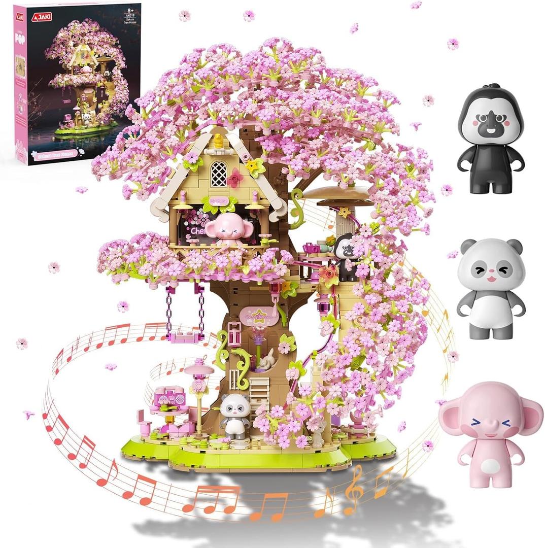 Cherry Blossom Bonsai Tree House Building Kit with LED Lights & Music Box, 1613 pcs Sakura Micro Blocks for Adults, 3 Movable Dolls DIY Craft, Home Office Decor Gift