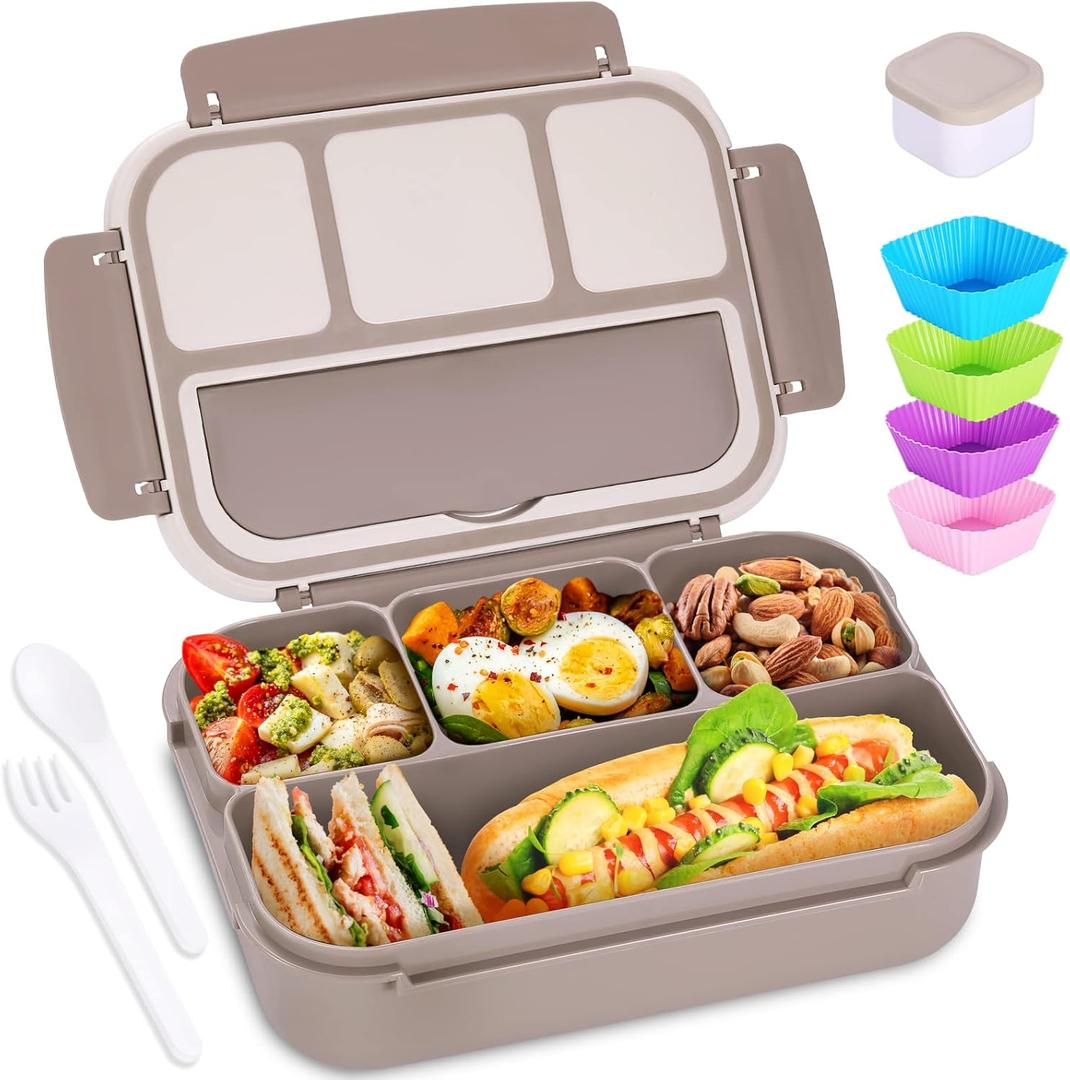Bento Box Adult Lunch Box, Containers for Adults Men Women with 4 Compartments, Lunchable Food Container with Utensils, Sauce Jar, Muffin Liners, 40 Oz/5 Cup, Microwave & Dishwasher Safe, Brown (1200ML)