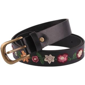gofidin Women's PU Leather Waistband Casual Flower Embroidered Decoration Ladies Belt Versatile Fashion Retro Belt (Black)