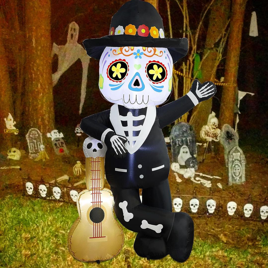 Joliyoou 6FT Halloween Inflatable Decoration, Lighted Blow Up Skeleton with A Guitar, Plug-In Holiday Indoor Outdoor Standing Decor for Spooky Party Day of the Dead (Skeleton Leaning Against A Guitar)
