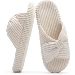 Chantomoo Slippers for Women Memory Foam House Bedroom Corduroy Bow Crossbands Slide Slipper Shoes Comfy Trendy Gift Slippers (9-10, Beige)