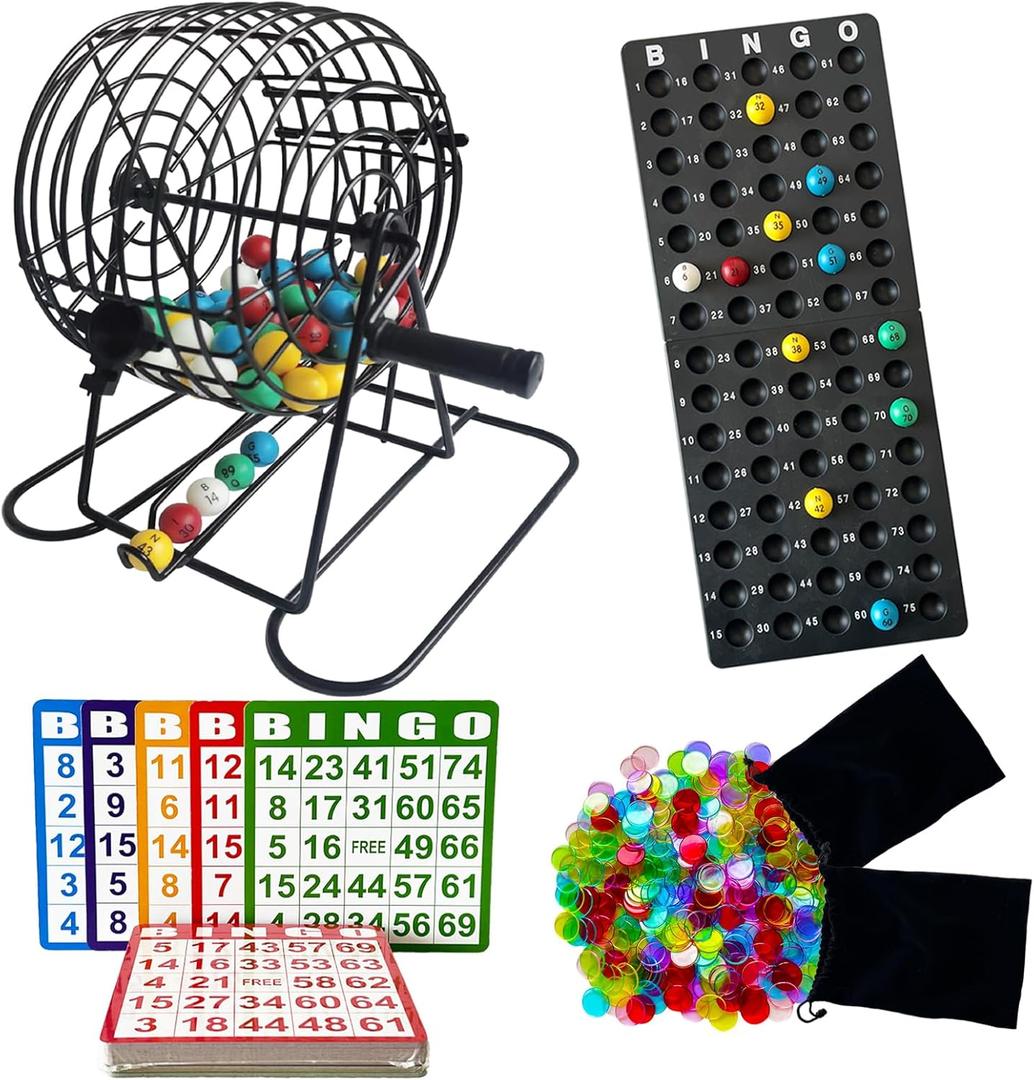SEETOOOGAMES Deluxe Bingo Game Set - 8 Inch Metal Cage, 50 Paper Cards, 600 Colorful Clear Chips, Bingo Balls and Plastic Master Board, Great for Adults Large Groups, Familiy Games Nights Parties