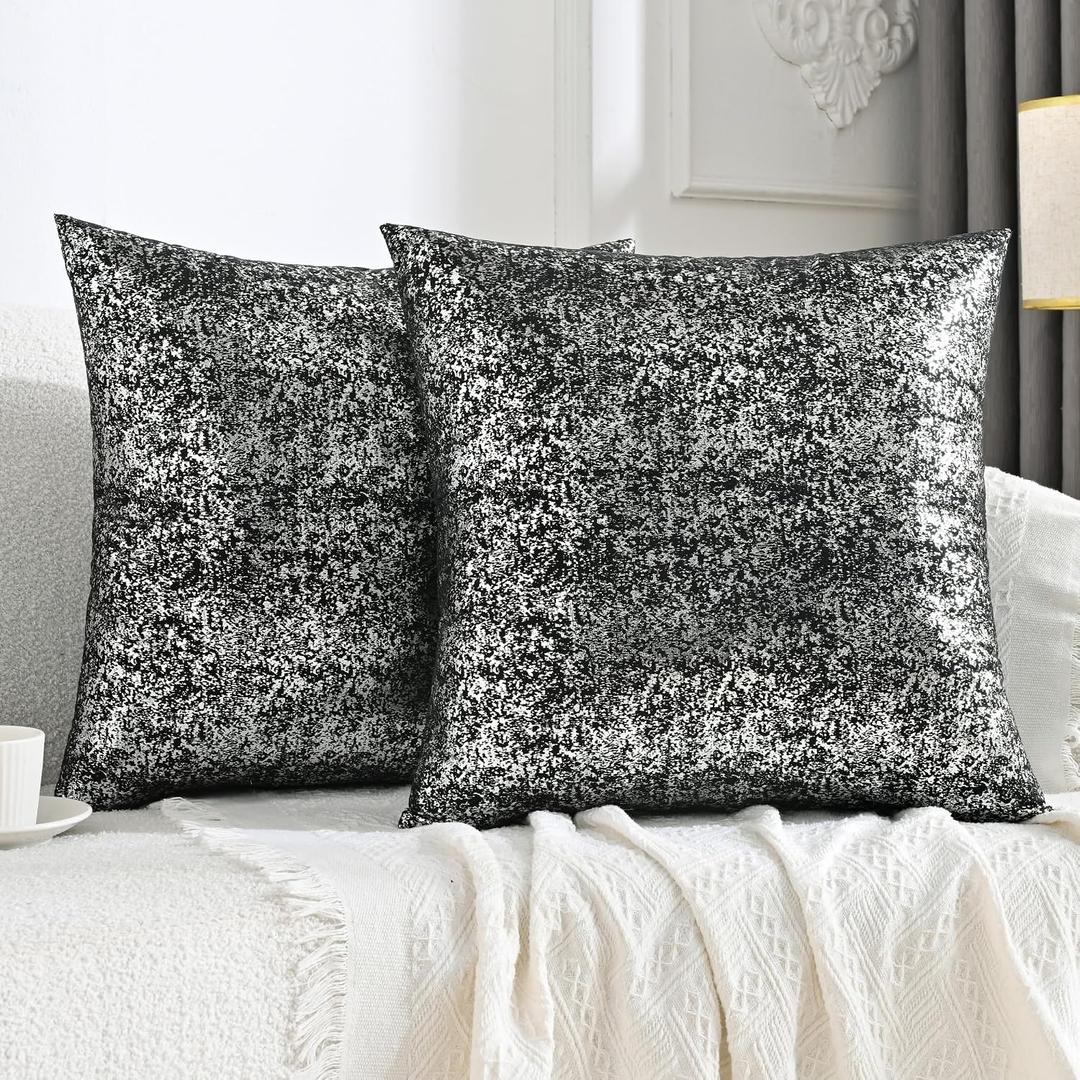 JELLYMON Sparkling Decorative Pillow Covers Set of 2, Silver Glitter Throw Pillows Cover 16 x 16 Inch for Living Room Bed Sofa Couch, Morden Home Luxury Decor(16x16in,Silver Black)