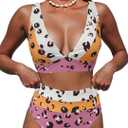 Hilinker Women's Leopard Bikini Swimsuits V Neck High Waisted 2 Piece Bathing Suits L