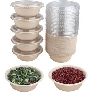 16 oz Round Disposable salad bowls with lids, Sugarcane Fiber Paper Bowls take away food containers Plant Fibers Freezer Safe 50 Pack