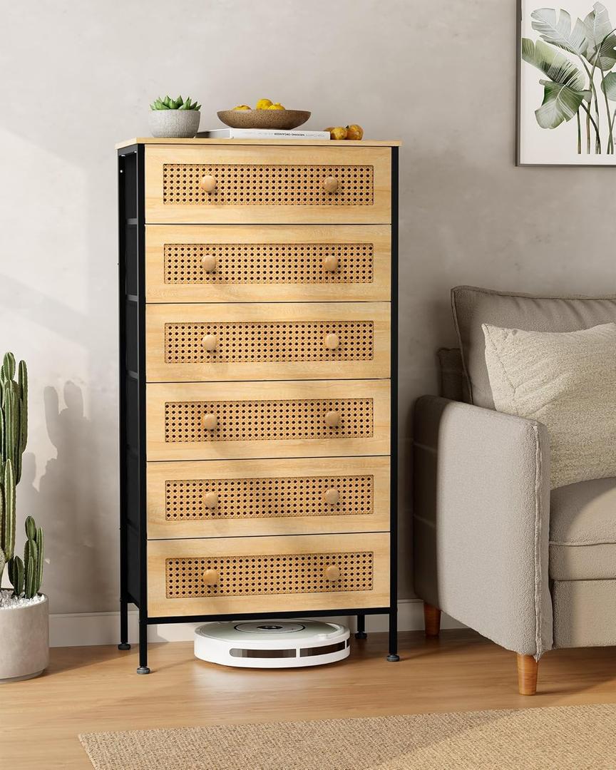 Crestlive Products Rattan Dresser Storage Tower, Tall Fabric Dresser, Chests of Drawers, Wood Top - Organizer Unit for Bedroom, Hallway, Entryway, Closets (Natural, 6 Drawers)